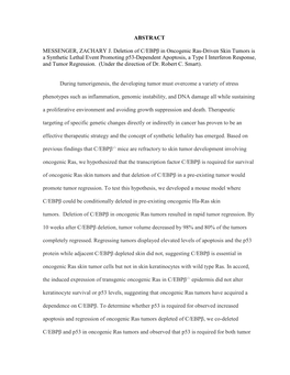 ABSTRACT MESSENGER, ZACHARY J. Deletion of C/Ebpβ in Oncogenic Ras-Driven Skin Tumors Is a Synthetic Lethal Event Promoting