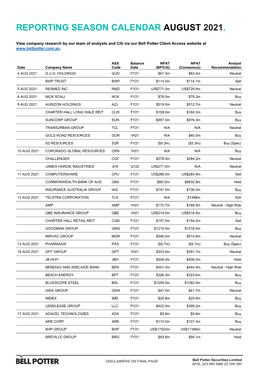 Reporting Season Calendar August 2021