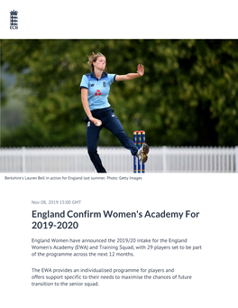 England Confirm Women's Academy for 2019-2020