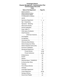 Krishnagiri District Communication Plan 2018 Index Disaster