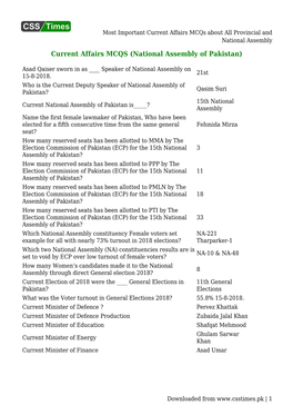 Most Important Current Affairs Mcqs About All Provincial and National Assembly