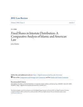 Fixed Shares in Intestate Distribution: a Comparative Analysis of Islamic and American Law John Makdisi