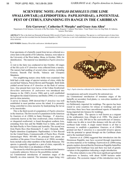 Scientific Note: Papilio Demoleus (The Lime Swallowtail) (Lepidoptera: Papilionidae), a POTENTIAL PEST of CITRUS, Expanding Its Range in the Caribbean