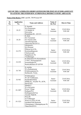 List of the Candidates Short Listed for the Post of Junior Assistant to Attend the Interview at Principal District Court, Ariyalur