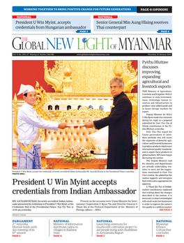 President U Win Myint Accepts Credentials from Indian Ambassador