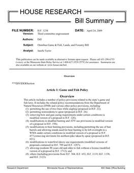 HOUSE RESEARCH Bill Summary