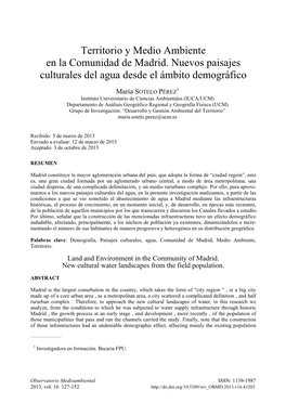Territorio Y Medio Ambiente En La Comunidad De Madrid. Nuevos Paisajes Culturales Del Agua Desde El Ámbito Demográfico