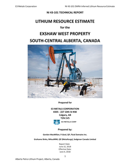 Lithium Resource Estimate Exshaw West Property