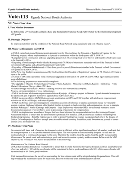 Vote:113 Uganda National Roads Authority V1: Vote Overview I