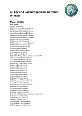 All England Badminton Championships Winners