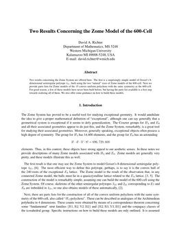 Two Results Concerning the Zome Model of the 600-Cell