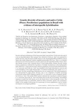 Genetic Diversity of Invasive and Native Cichla (Pisces: Perciformes) Populations in Brazil with Evidence of Interspeciﬁc Hybridization