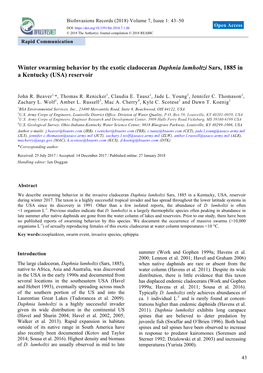 Winter Swarming Behavior by the Exotic Cladoceran Daphnia Lumholtzi Sars, 1885 in a Kentucky (USA) Reservoir