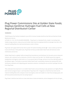 Plug Power Commissions Site at Golden State Foods; Deploys Gendrive Hydrogen Fuel Cells at New Regional Distribution Center