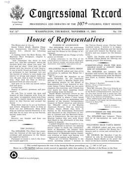 Congressional Record United States of America PROCEEDINGS and DEBATES of the 107Th CONGRESS, FIRST SESSION