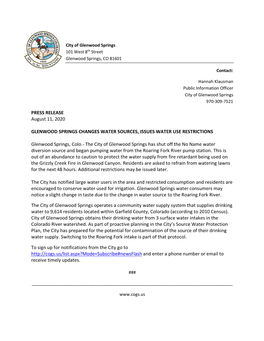 Press Release Water Supply Change And