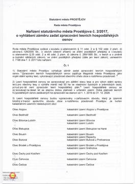 Nařízení Statutárního Města Prostějova Č. 2/2017, O Vyhlášení Záměru Zadat Zpracování Lesních Hospodářských Osnov
