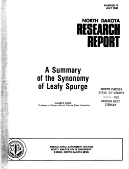 A Summary of the Synonomy of Leafy Spurge NORTH DAKOTA