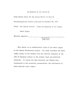 Their Historic Water Rights. the YAKIMA INDIANS: STUDY and ANALYSIS of the YAKIMA WATER RIGHTS