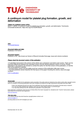 A Continuum Model for Platelet Plug Formation, Growth, and Deformation