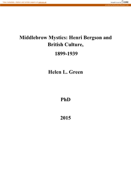 Middlebrow Mystics: Henri Bergson and British Culture, 1899-1939