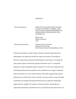 Effects of Salinization on Base Cation, Nutrient, Carbon, and Trace Metal Biogeochemistry in Human-Impacted Rivers in the Eastern Us