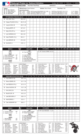 Pittsburgh Pirates Vs. Oakland Athletics Sunday, July 3, 2016 W 1:05 P.M