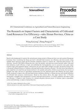 The Research on Impact Factors and Characteristic of Cultivated Land Resources Use Efficiency---Take Henan Province, China As a Case Study