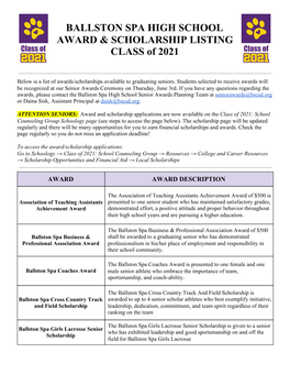 Ballston Spa High School Award & Scholarship Listing