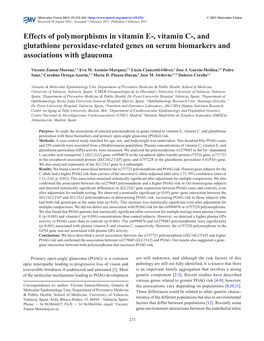 Effects of Polymorphisms in Vitamin E-, Vitamin C-, and Glutathione Peroxidase-Related Genes on Serum Biomarkers and Associations with Glaucoma