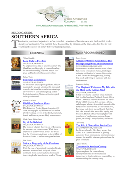 SOUTHERN AFRICA O Enhance Your Travel Experience, We’Ve Compiled a Selection of Favorite, New, and Hard-To-Find Books About Your Destination