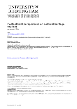 University of Birmingham Postcolonial Perspectives on Colonial Heritage