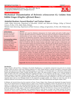 Biochemical Characterization of Ralstonia Solanacearum (L.) Isolates from Edible Ginger (Zingiber Officinale Rosc.)