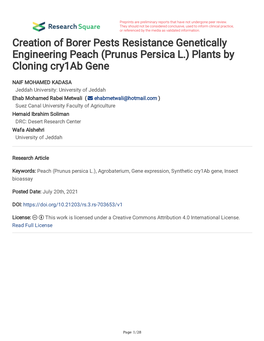 Creation of Borer Pests Resistance Genetically Engineering Peach (Prunus Persica L.) Plants by Cloning Cry1ab Gene