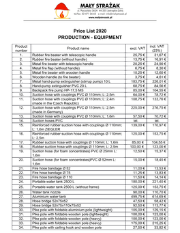 Price List 2020 PRODUCTION - EQUIPMENT