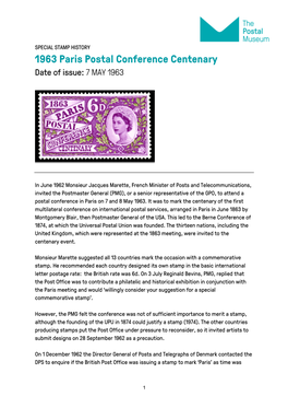 1963 Paris Postal Conference Centenary Date of Issue: 7 MAY 1963