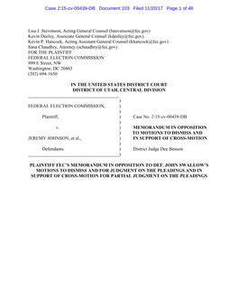 Plaintiff FEC's Memorandum in Opposition to Def. John Swallow's