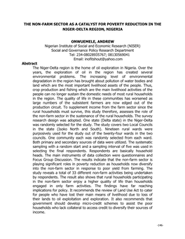 The Non-Farm Sector As a Catalyst for Poverty Reduction in the Niger-Delta Region, Nigeria