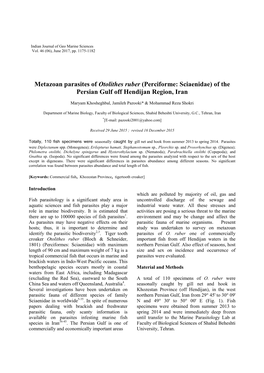 Metazoan Parasites of Otolithes Ruber (Perciforme: Sciaenidae) of the Persian Gulf Off Hendijan Region, Iran