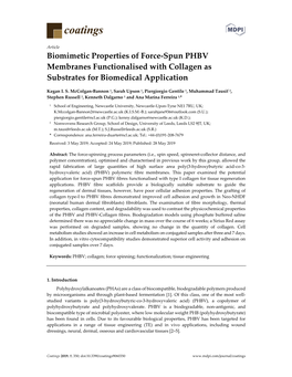 Biomimetic Properties of Force-Spun PHBV Membranes Functionalised with Collagen As Substrates for Biomedical Application