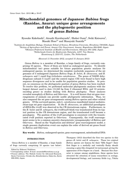 Mitochondrial Genomes of Japanese Babina Frogs (Ranidae, Anura): Unique Gene Arrangements and the Phylogenetic Position of Genus Babina