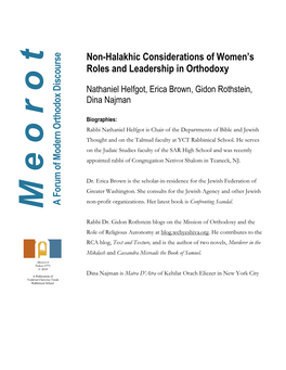 Non-Halakhic Perspectives on Women's Roles and Leadership in Orthodoxy