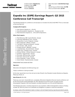 Expedia Inc (EXPE) Earnings Report: Q3 2015 Conference Call Transcript