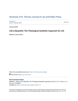 Life Is Beautiful: the Theological Aesthetic Argument for Life