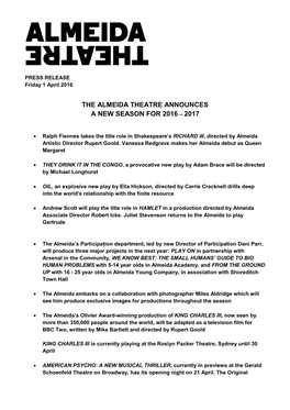The Almeida Theatre Announces a New Season for 2016 – 2017