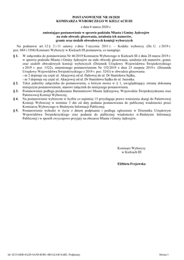 Jędrzejów Na Stałe Obwody Głosowania, Ustalenia Ich Numerów, Granic Oraz Siedzib Obwodowych Komisji Wyborczych Na Podstawie Art