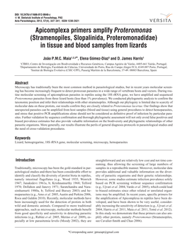 Apicomplexa Primers Amplify Proteromonas (Stramenopiles, Slopalinida, Proteromonadidae) in Tissue and Blood Samples from Lizards