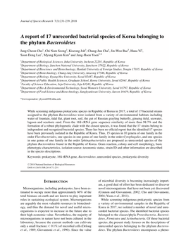 A Report of 17 Unrecorded Bacterial Species of Korea Belonging to the Phylum Bacteroidetes
