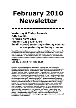 February 2010 Newsletter ------Yesterday & Today Records P.O