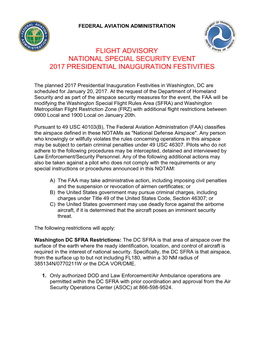 Flight Advisory National Special Security Event 2017 Presidential Inauguration Festivities